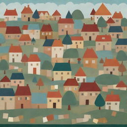 A charming village image created exclusively with geometric shapes, such as squares, circles, and triangles.