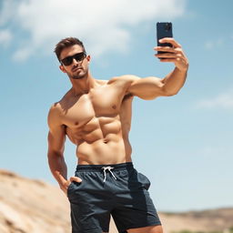 A fit and athletic man with a toned physique, wearing shorts and sunglasses, is taking his picture