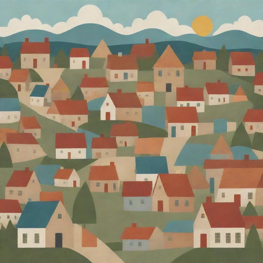 A charming village image created exclusively with geometric shapes, such as squares, circles, and triangles.