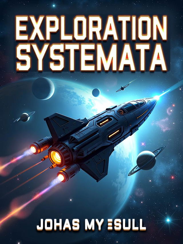 A sci-fi book cover for "Exploration Systemata" featuring a futuristic spaceship in a galaxy with nebulae, stars, and planets