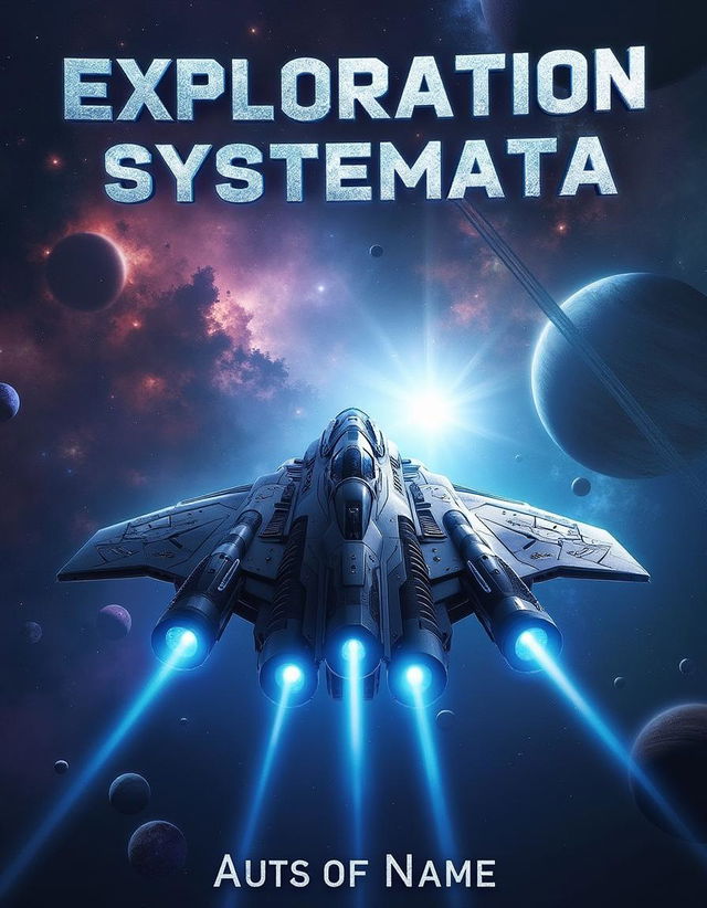 A sci-fi book cover for "Exploration Systemata" featuring a futuristic spaceship in a cosmic landscape with stars, nebulae, and planets