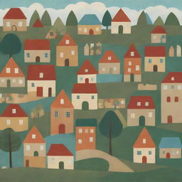 A charming village image created exclusively with geometric shapes, such as squares, circles, and triangles.