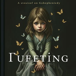 A haunting book cover depicting a young girl with a sad expression, seated in a dark, oppressive environment