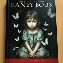 A haunting book cover depicting a young girl with a sad expression, seated in a dark, oppressive environment