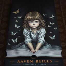 A haunting book cover depicting a young girl with a sad expression, seated in a dark, oppressive environment