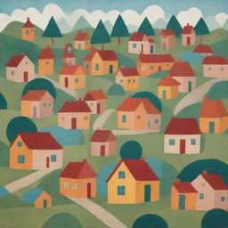 A charming village image created exclusively with geometric shapes, such as squares, circles, and triangles.