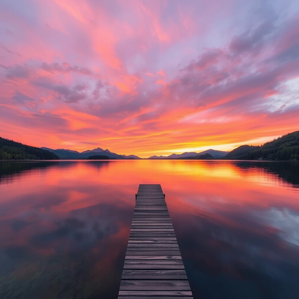 Create a beautiful and serene landscape featuring a sunset over a calm lake, surrounded by lush forests and distant mountains