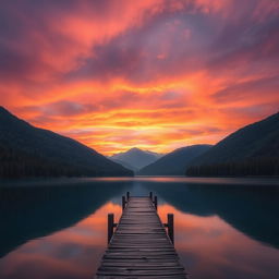 Create a beautiful and serene landscape featuring a sunset over a calm lake, surrounded by lush forests and distant mountains