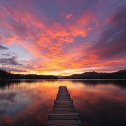 Create a beautiful and serene landscape featuring a sunset over a calm lake, surrounded by lush forests and distant mountains