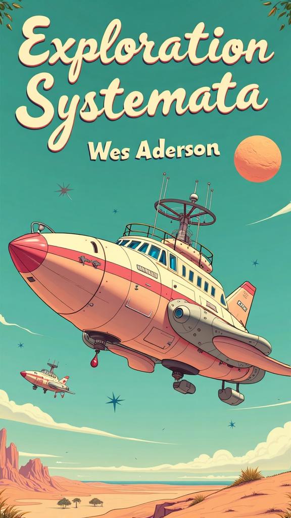 Design a Wes Anderson-styled sci-fi book cover for 'Exploration Systemata' with a whimsical vintage spaceship, pastel colors, and quirky details