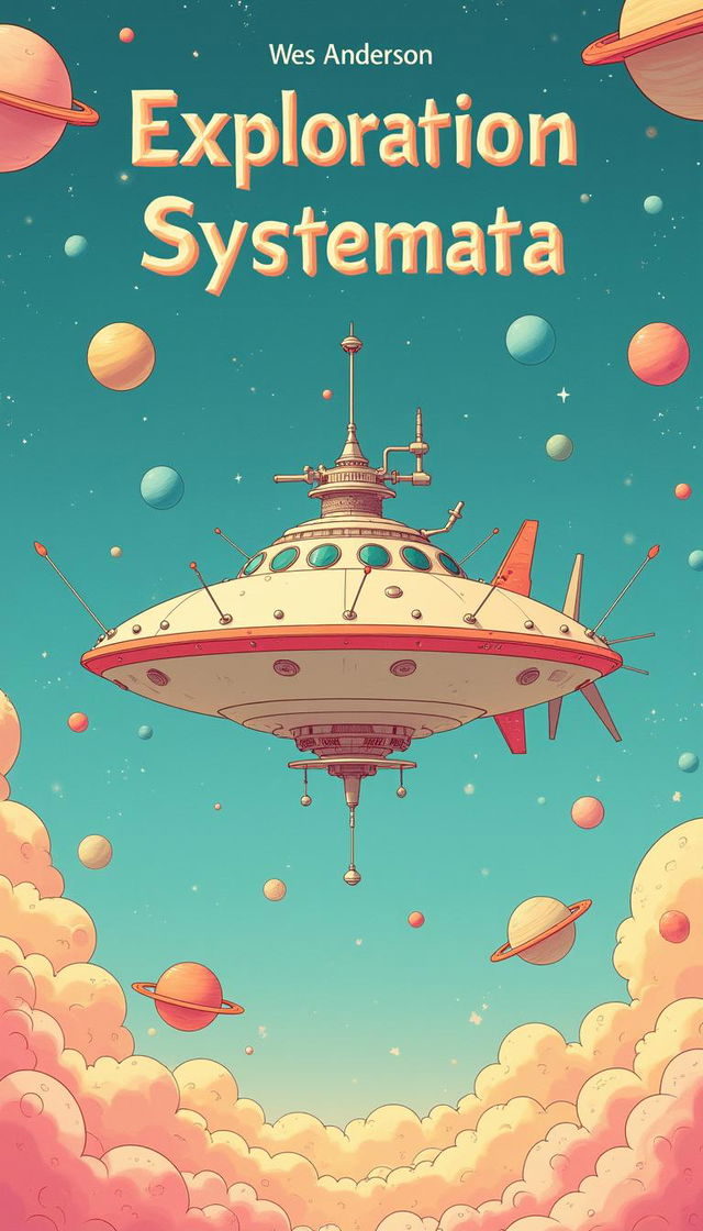 Create a sci-fi book cover for 'Exploration Systemata' that blends Wes Anderson's whimsical pastel style with anime aesthetics