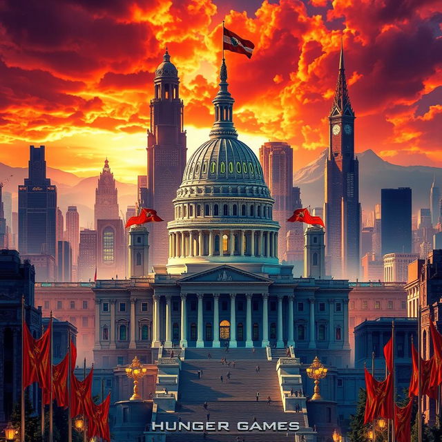 A vivid and detailed depiction of The Capitol from The Hunger Games, including the iconic flags as seen in the movie