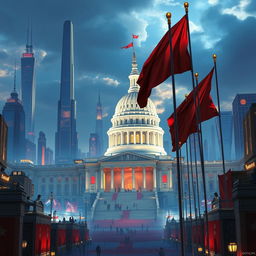 A vivid and detailed depiction of The Capitol from The Hunger Games, including the iconic flags as seen in the movie