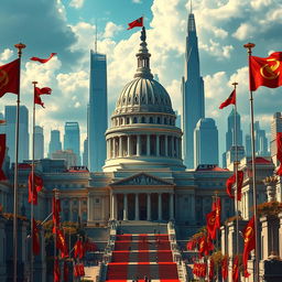 A vivid and detailed depiction of The Capitol from The Hunger Games, including the iconic flags as seen in the movie