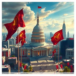 A vivid and detailed depiction of The Capitol from The Hunger Games, including the iconic flags as seen in the movie