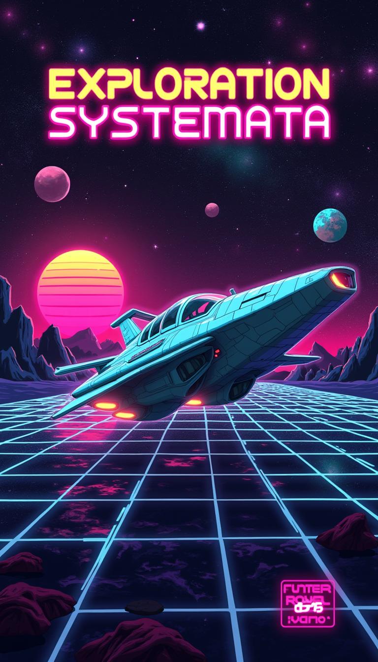 Design a retro 80s styled book cover for 'Exploration Systemata' featuring a sleek spaceship, neon colors, grid patterns, and a bold, neon-style font for the title