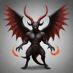 Create an imaginative Pokémon inspired by mythological representation of Satan. It should be fierce and intimidating with gothic elements, such as horns, wings, and fire without any inappropiate or offensive features.