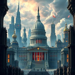 A detailed depiction of the architecture of The Capitol from The Hunger Games movie