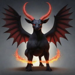 Create an imaginative Pokémon inspired by mythological representation of Satan. It should be fierce and intimidating with gothic elements, such as horns, wings, and fire without any inappropiate or offensive features.