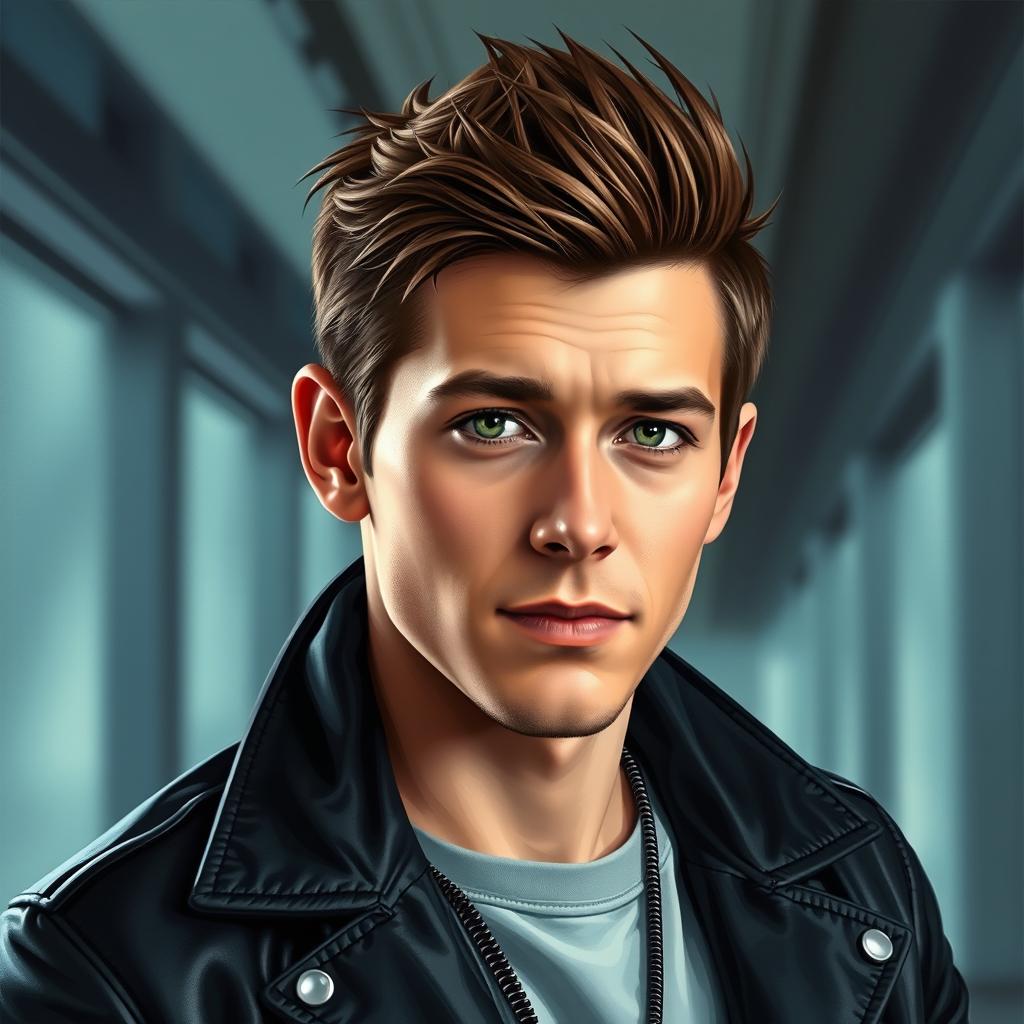 A detailed and realistic portrait of Alex Turner, the lead singer of Arctic Monkeys, in a stylish and modern setting