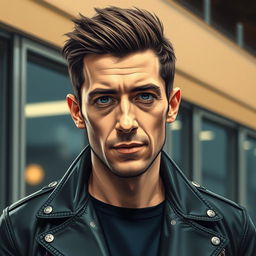 A detailed and realistic portrait of Alex Turner, the lead singer of Arctic Monkeys, in a stylish and modern setting