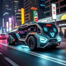 A highly detailed and futuristic Cybertruck driving through a neon-lit city at night, showcasing its sleek design and advanced technology