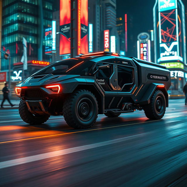 A highly detailed and futuristic Cybertruck driving through a neon-lit city at night, showcasing its sleek design and advanced technology