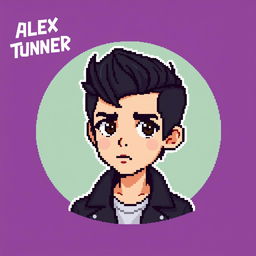 A pixel art representation of Alex Turner, lead singer of Arctic Monkeys, designed in the style of The Binding of Isaac sprites