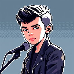 A pixel art representation of Alex Turner, lead singer of Arctic Monkeys, designed in the style of The Binding of Isaac sprites