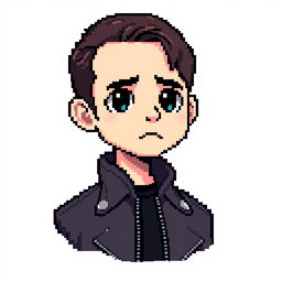 A pixel art representation of Alex Turner, lead singer of Arctic Monkeys, designed in the style of The Binding of Isaac sprites