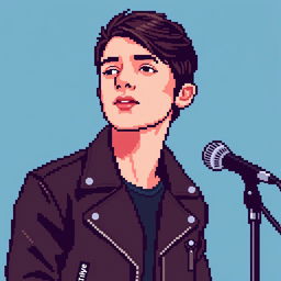 A pixel art representation of Alex Turner, lead singer of Arctic Monkeys, designed in the style of The Binding of Isaac sprites