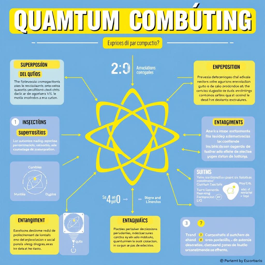 A visually engaging poster in Spanish explaining quantum computing