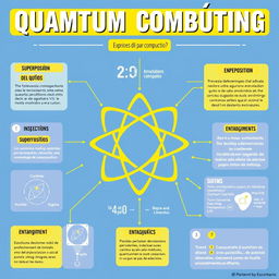 A visually engaging poster in Spanish explaining quantum computing