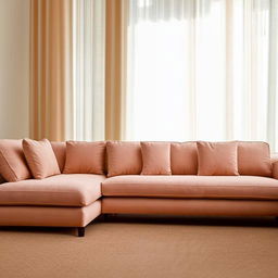 An L-shaped sofa in a light peach color, adorned with dull pink cushions, displayed in a naturally lit contemporary living room