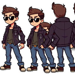 A pixel art character design for a video game, featuring a boy with sunglasses, a small fringe on his forehead, wearing a leather jacket and jeans