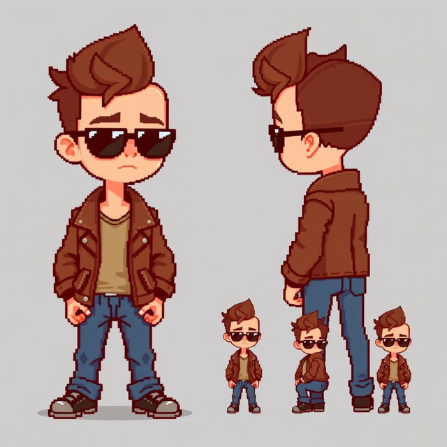 A pixel art character design for a video game, featuring a boy with sunglasses, a small fringe on his forehead, wearing a leather jacket and jeans