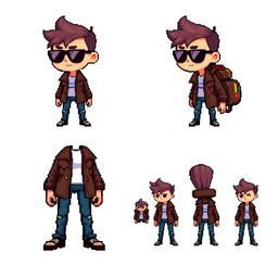 A pixel art character design for a video game, featuring a boy with sunglasses, a small fringe on his forehead, wearing a leather jacket and jeans