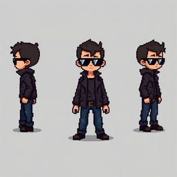 A pixel art character design for a video game, featuring a boy with sunglasses, a small fringe on his forehead, wearing a leather jacket and jeans