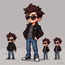 A pixel art character design for a video game, featuring a boy with sunglasses, a small fringe on his forehead, wearing a leather jacket and jeans