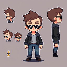 A pixel art character design for a video game, featuring a boy with sunglasses, a small fringe on his forehead, wearing a leather jacket and jeans