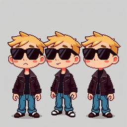 A pixel art character design for a video game, featuring a boy with sunglasses, a small fringe on his forehead, wearing a leather jacket and jeans