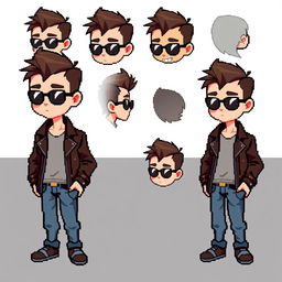 A pixel art character design for a video game, featuring a boy with sunglasses, a small fringe on his forehead, wearing a leather jacket and jeans