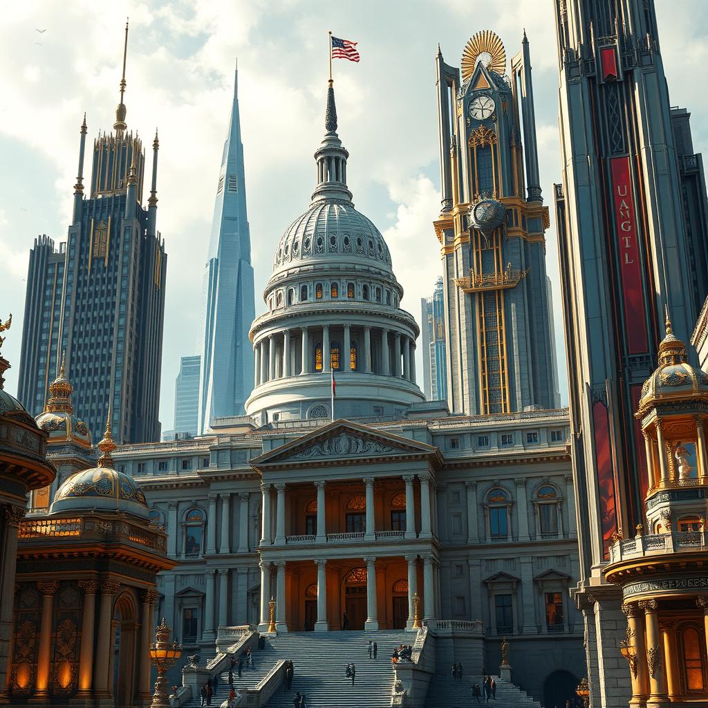 A detailed depiction of the architecture of The Capitol from The Hunger Games movie, featuring a different building than previously described