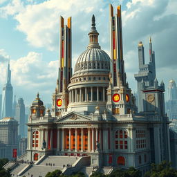 A detailed depiction of the architecture of The Capitol from The Hunger Games movie, featuring a different building than previously described