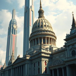 A detailed depiction of the architecture of The Capitol from The Hunger Games movie, featuring a different building than previously described