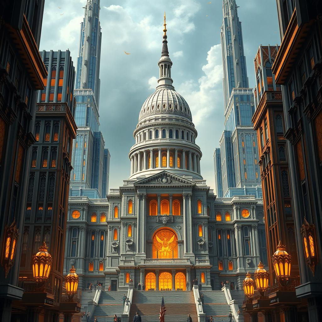 A detailed depiction of the architecture of The Capitol from The Hunger Games movie, featuring a different building than previously described