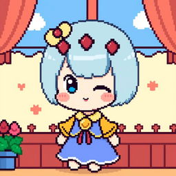 A pixel art depiction of Chiffon from Sanrio, with a gender-neutral appearance