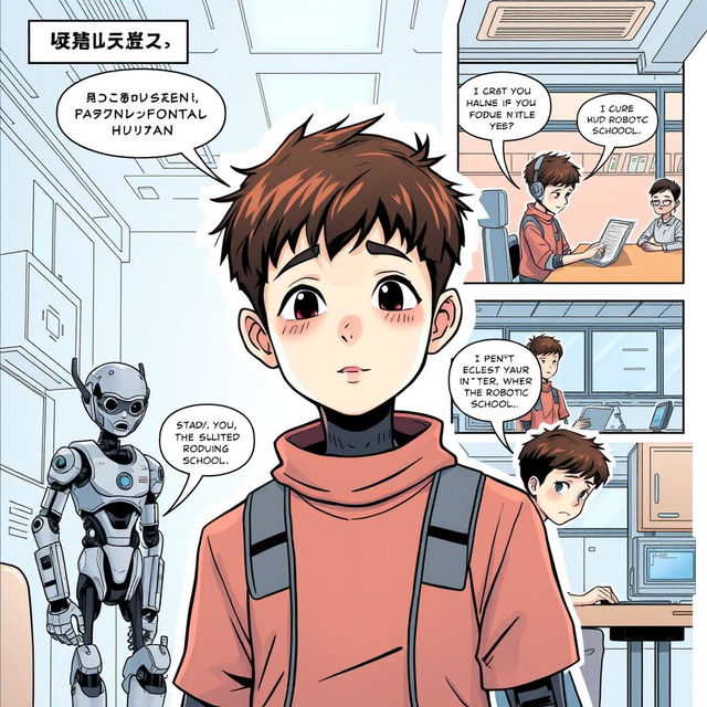 A comic-style illustration featuring a 12-year-old boy named Moses Kok who is undergoing a transformation surgery to become a humanoid robotic human