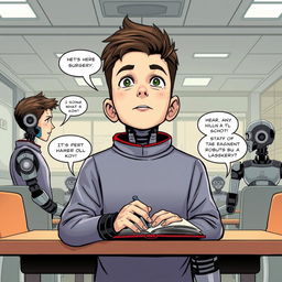 A comic-style illustration featuring a 12-year-old boy named Moses Kok who is undergoing a transformation surgery to become a humanoid robotic human