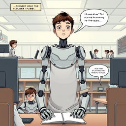 A comic-style illustration featuring a 12-year-old boy named Moses Kok who is undergoing a transformation surgery to become a humanoid robotic human